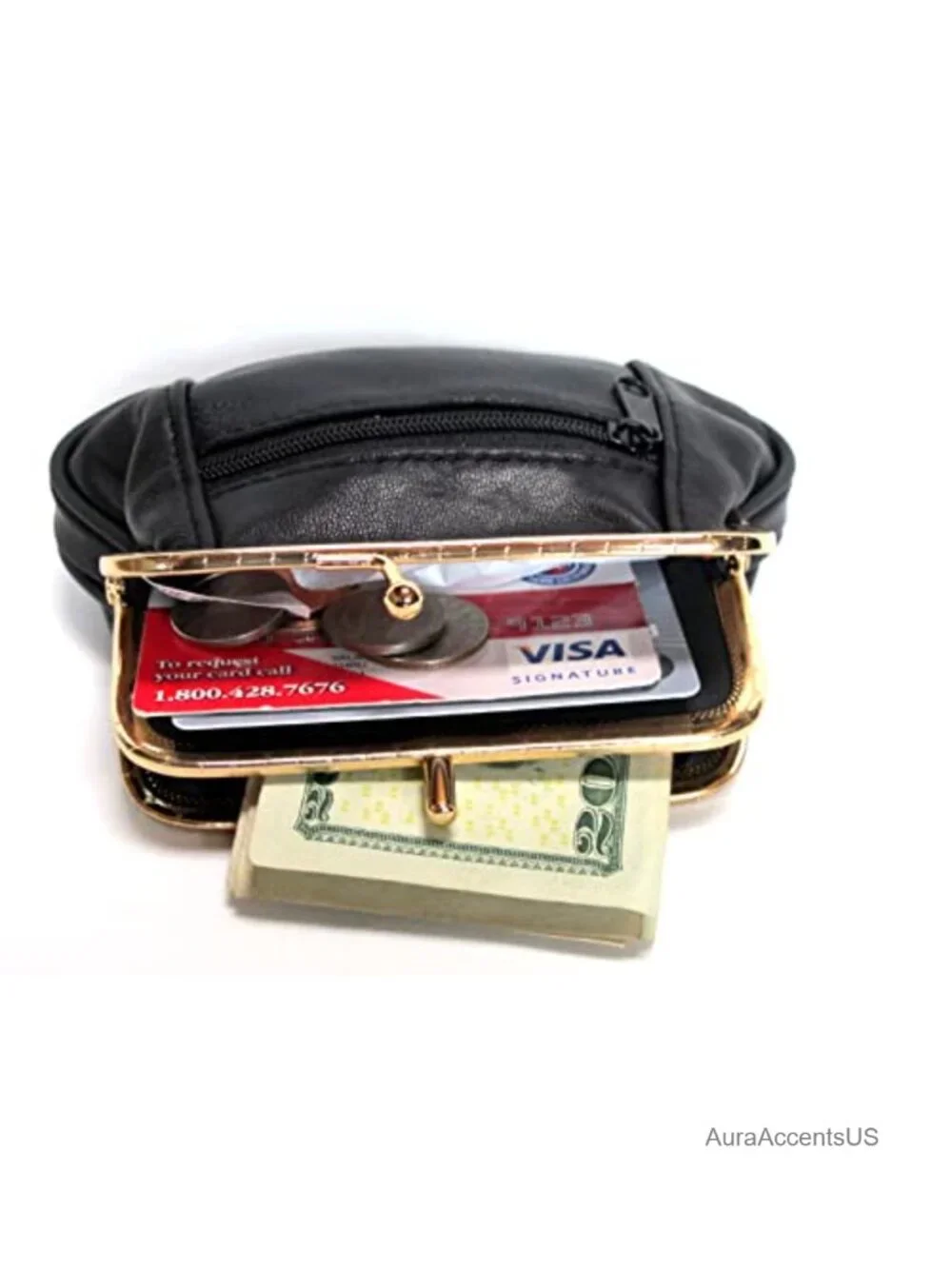 Genuine Leather Mini Wallet with Framed & Zipper Closures